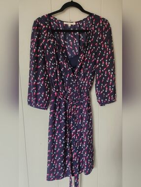Daniel Rainn Navy Wrap Dress with Pink and White Floral Print